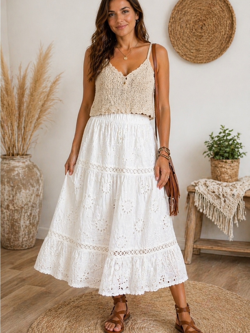 Ultra Pink White Eyelet Midi Skirt with Cream Top